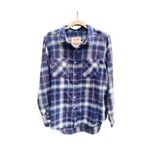 MOSSIMO BOYFRIEND FLANNEL SHIRT | NAVY & WHITE | FADED GRUNGE STYLE BUTTON-UP